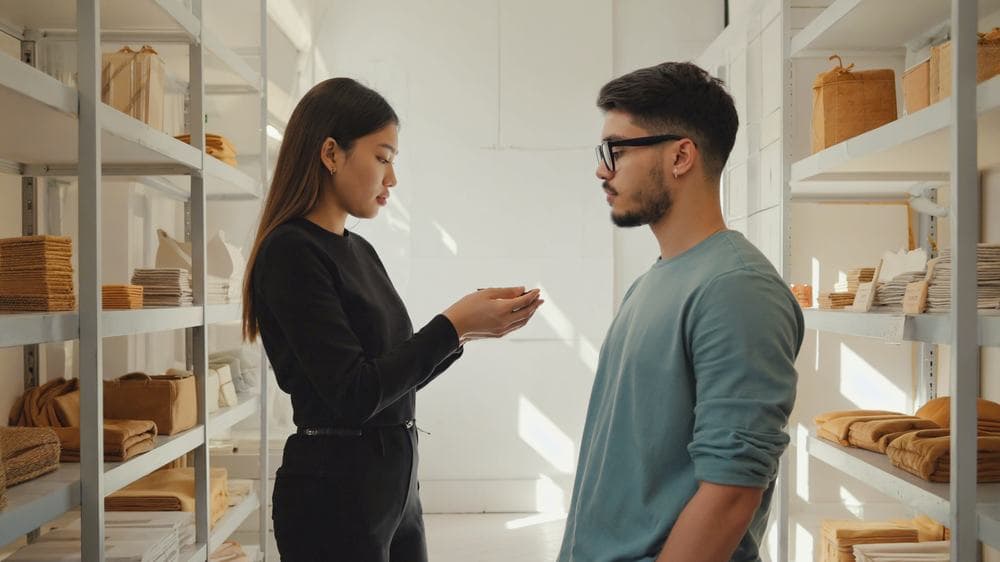 A shop assistant showing something to a customer in a small shop